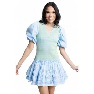 Karlie Addilyn Smocked Mini Dress Light Blue Green Stitching KRD33073 Puff Sleev